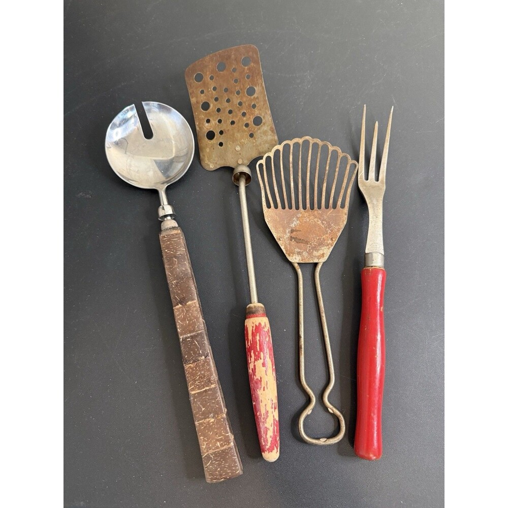 Vintage Rustic Farmhouse Kitchen Utensils Red Wood Handles
